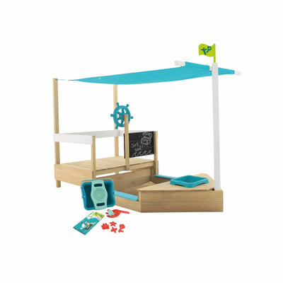 The TP Toys TP Ahoy Wooden Playboat with Dig & Explorer Accessory Kit features a ship design, blue canopy, steering wheel, chalkboard, toy accessories, and green flag—ideal for imaginative sand and water play. FSC® certified.