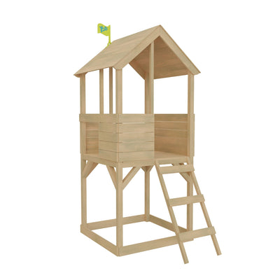 The Build Your Own TP Treehouse Wooden Play Tower by TP Toys is an FSC® certified wooden playhouse on four legs with an open design, slanted roof, ladder, and flag—ideal as a stylish outdoor garden playhouse for kids.