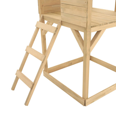 The TP Toys Build Your Own TP Treehouse Wooden Play Tower – FSC® certified features a simple ladder and an elevated platform, supported by sturdy square and diagonal beams.