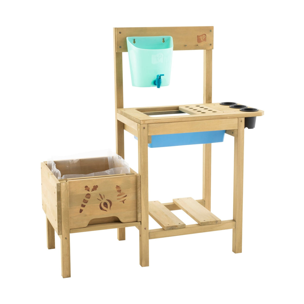 The TP Wooden Potting Bench by TP Toys doubles as a children’s garden station, featuring a green water dispenser, blue basin, herb box, and cup holders—ideal for indoor or outdoor play with fun accessories. FSC® certified.