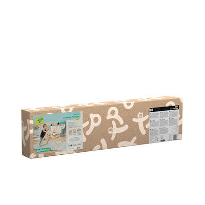 A rectangular box with patterned beige packaging holds the TP Toys Active-Tots Pikler Style Wooden Climbing Triangle (FSC® certified); product label and instructions are visible on the side.