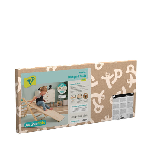 Rectangular box packaging for the TP Toys Active-Tots Pikler Style Wooden Climbing Bridge and Slide (FSC® certified), featuring a child playing, product details, and an image of the wooden bridge on the front.
