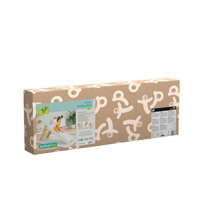 Rectangular beige and white box labeled TP Active-Tots Pikler Style Folding Wooden Slide by TP Toys; features product image and details—FSC® certified indoor play equipment ideal for young explorers.