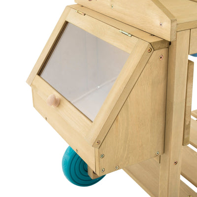 The TP Wooden Explore Potting Bench by TP Toys is FSC® certified, featuring a glass door and wooden design—ideal as a compact potting bench or a delightful childrens gardening station.
