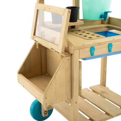 The TP Toys Wooden Explore Potting Bench - FSC® certified is a childrens gardening station with a blue bucket and tray—ideal for little gardeners and perfect as a mini potting bench.