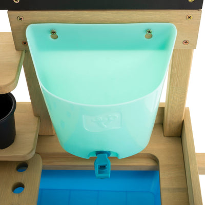 The TP Toys Wooden Explore Potting Bench - FSC® certified features a blue plastic water spout, ideal for childrens gardening or any potting station.