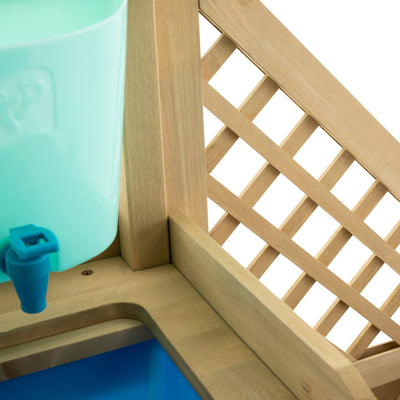 Close-up of the TP Toys TP Wooden Deluxe Potting Bench - FSC® certified, featuring a lattice panel, blue tap with light blue container, and a blue basin below—ideal for any childrens garden station.