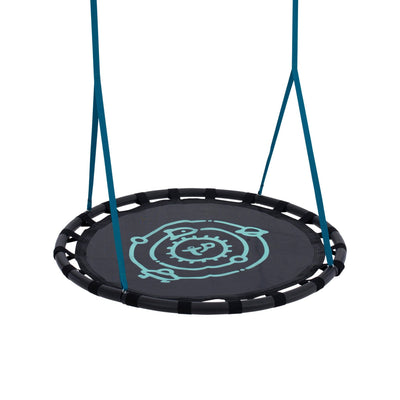 The TP Toys Kingswood Double Squarewood Swing Set (FSC® certified) includes a round black Giant Nest swing seat with a light blue circular pattern and blue straps, compatible with Kingswood Double or other TP Toys swing frames.