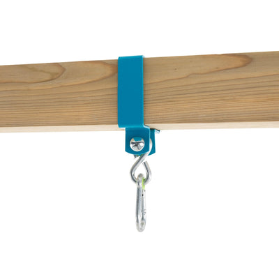 The TP Kingswood Double Squarewood Swing Set with Giant Nest Swing by TP Toys features a sturdy wooden beam and blue clip, ideal for supporting the Giant Nest swing seat. FSC® certified for sustainable play.