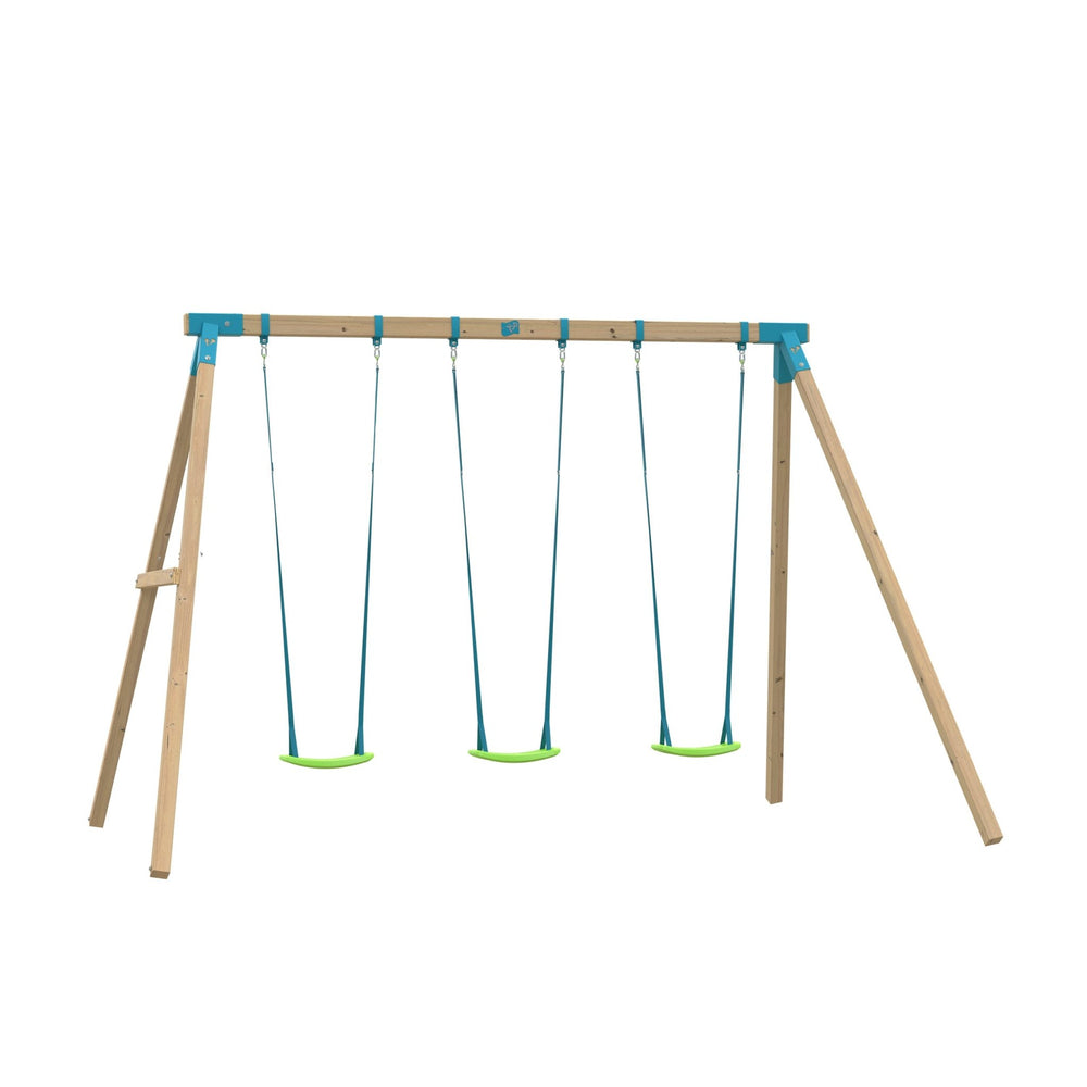 The TP Toys Kingswood Triple Squarewood Swing Set - FSC® certified features three green swings with blue straps, supported by a wooden A-frame and sturdy blue metal brackets.