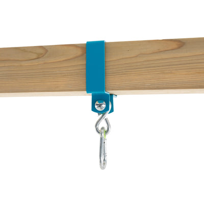 A blue metal bracket is secured to a wooden beam of the TP Toys Kingswood Triple Squarewood Swing Set - FSC® certified, with a screw, featuring a metal hook and carabiner attached at the bottom.
