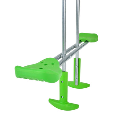 Close-up of the foot supports and handles of a green and silver pogo stick, echoing the sturdy build of the TP Toys TP Kingswood Triple Squarewood Swing Set with Glider - FSC® certified, shown against a white background.