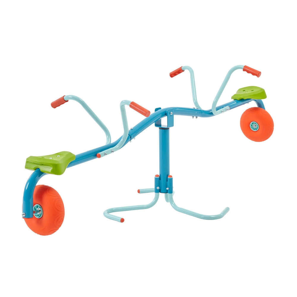 The TP Toys TP Spiro Spin 360 Degree Rotating Seesaw in blue and green features orange wheels and four handles, designed to help children develop balance and coordination skills. Shown against a white background.