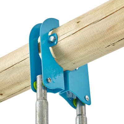 Close-up of a wooden beam from the TP Toys TP Knightswood Triple Wooden Swing & 8ft Slide Set, secured by blue metal brackets with two metal poles attached beneath.