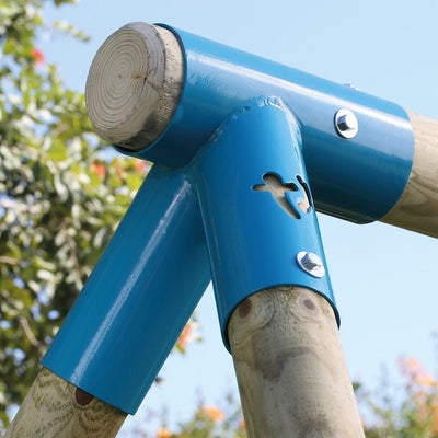 Close-up of a blue metal bracket with bolts connecting three wooden poles on the TP Toys TP Knightswood Double Wooden Swing & Slide Set, with trees visible in the background.