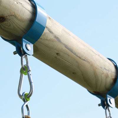 Close-up of a metal clamp securing a chain to a wooden beam, part of the TP Knightswood Double Wooden Swing & Slide Set by TP Toys, with a clear blue sky in the background.