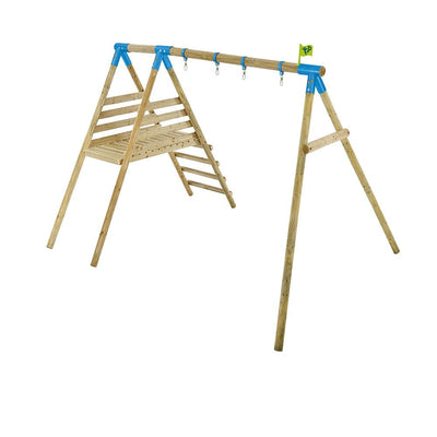 The TP Toys TP Knightswood Double Wooden Swing & Slide Set features a sturdy frame with blue metal connectors, four hanging hooks, a bench seat, ladder, and green flag—perfect for backyard fun.