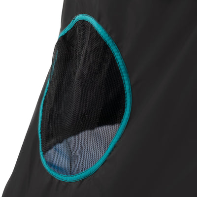 Close-up of a black fabric surface with an oval mesh window and turquoise trim, part of the TP UFO Den & Climbing Frame by TP Toys—ideal as childrens climbing toy or unique garden play equipment.