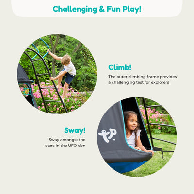 A boy scales the TP UFO Den & Climbing Frame by TP Toys, while a girl relaxes on a covered swing—highlighting thrilling outdoor climbing and swaying fun for kids.