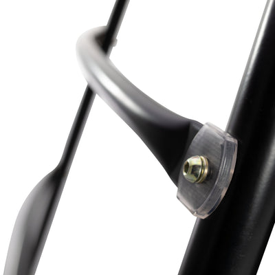 Close-up of a black metal bar connected to another rod with a clear plastic bracket and hexagonal bolt, part of the TP UFO Den & Climbing Frame by TP Toys—ideal garden play equipment for active kids.