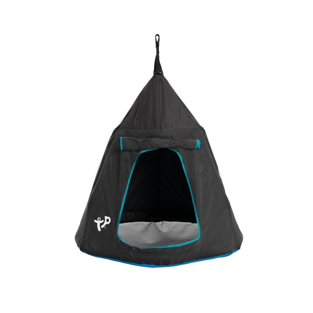 The TP Toys UFO Swing Seat Black is a dark gray, triangular hanging tent with an open front, small window, and turquoise trim—perfect as a unique swing accessory for any childrens swing frame.
