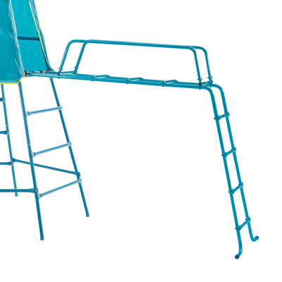 The TP Toys TP Explorer Metal Climbing Frame Set & Jungle Run is a blue metal frame with monkey bars and ladders on each side, ideal for young adventurers. Pictured here against a white background.
