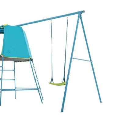 The TP Toys TP Explorer Metal Climbing Frame and Swing features a sturdy blue frame, a single green swing seat, and a blue canopy on the climbing section.