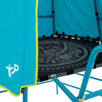 Close-up of a blue play tent with yellow trim and round mat, supported by a blue TP Toys metal frame. Perfect for pairing with the TP Explorer Metal Climbing Frame Set & Jungle Run.