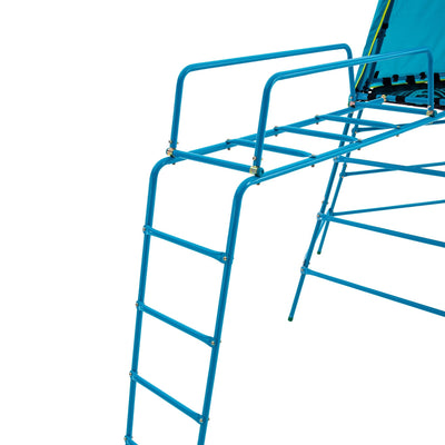A blue metal ladder from the TP Toys TP Explorer Metal Climbing Frame Set & Jungle Run attaches to the structure, leading up to a platform with side rails.