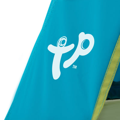 Close-up of blue fabric featuring a white TP logo and trademark symbol from the TP UFO Den & Metal Frame by TP Toys, designed for exciting play.