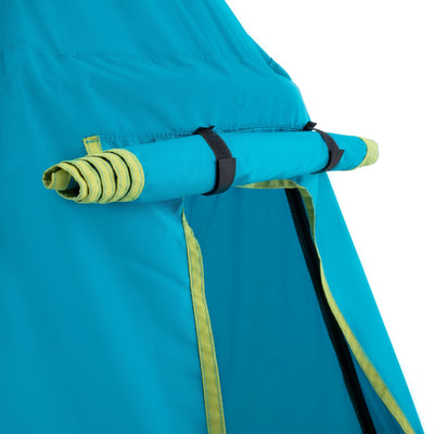Close-up of the TP Toys TP UFO Den & Metal Frame, featuring blue fabric, a strong metal frame, green edge trim, and a rolled-up window cover secured with two black straps for extra play value.