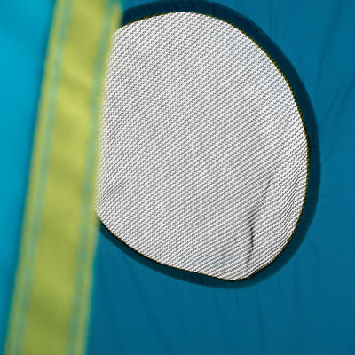 Close-up of the TP UFO Den & Metal Frame by TP Toys, showing its circular mesh ventilation window on blue fabric with a yellow-green stripe edging.