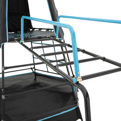 Close-up view of the TP Explorer Metal Climbing Frame Set with Jungle Run Black Edition by TP Toys, featuring a metal frame and ladder with blue rails on a black and blue outdoor playset.