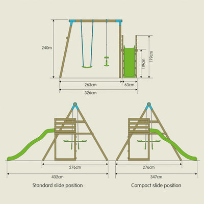 Diagram of the TP Toys TP Kite Wooden Double Swing Set with quadpod, roped rapide seat, and 8ft slide, showing dimensions and two slide positions: standard (432cm) and compact (347cm).