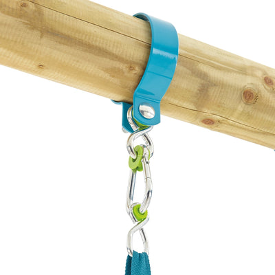 The TP Toys TP Kite Wooden Double Swing Set with Quadpod, Roped Rapide Seat, and 8ft Slide includes hardware such as a blue metal bracket, carabiners, and green connectors—vital components for secure assembly.