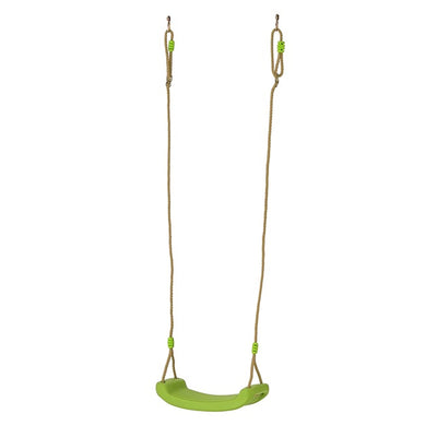 The TP Sherwood Single Wooden Swing Set by TP Toys features a green plastic seat with yellow-brown ropes, ideal for compact gardens or swing sets, shown hanging vertically against a white background. PEFC certified.