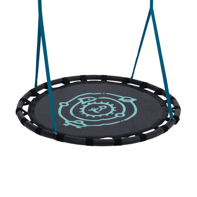 The TP Toys TP Deluxe Double Metal Swing features a giant round black nest seat with blue straps and a turquoise circular pattern, plus a basketball hoop—perfect for outdoor fun.