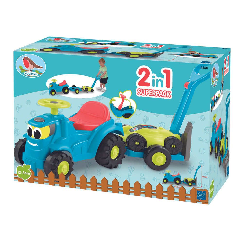 The TP Toys Ecoiffier Tractor Ride-On with Trailer and Lawnmower is a blue and yellow 2-in-1 toy for ages 12-36 months, featuring a detachable trailer and lawnmower. Shown in packaging with fun illustrations and a toddler photo.